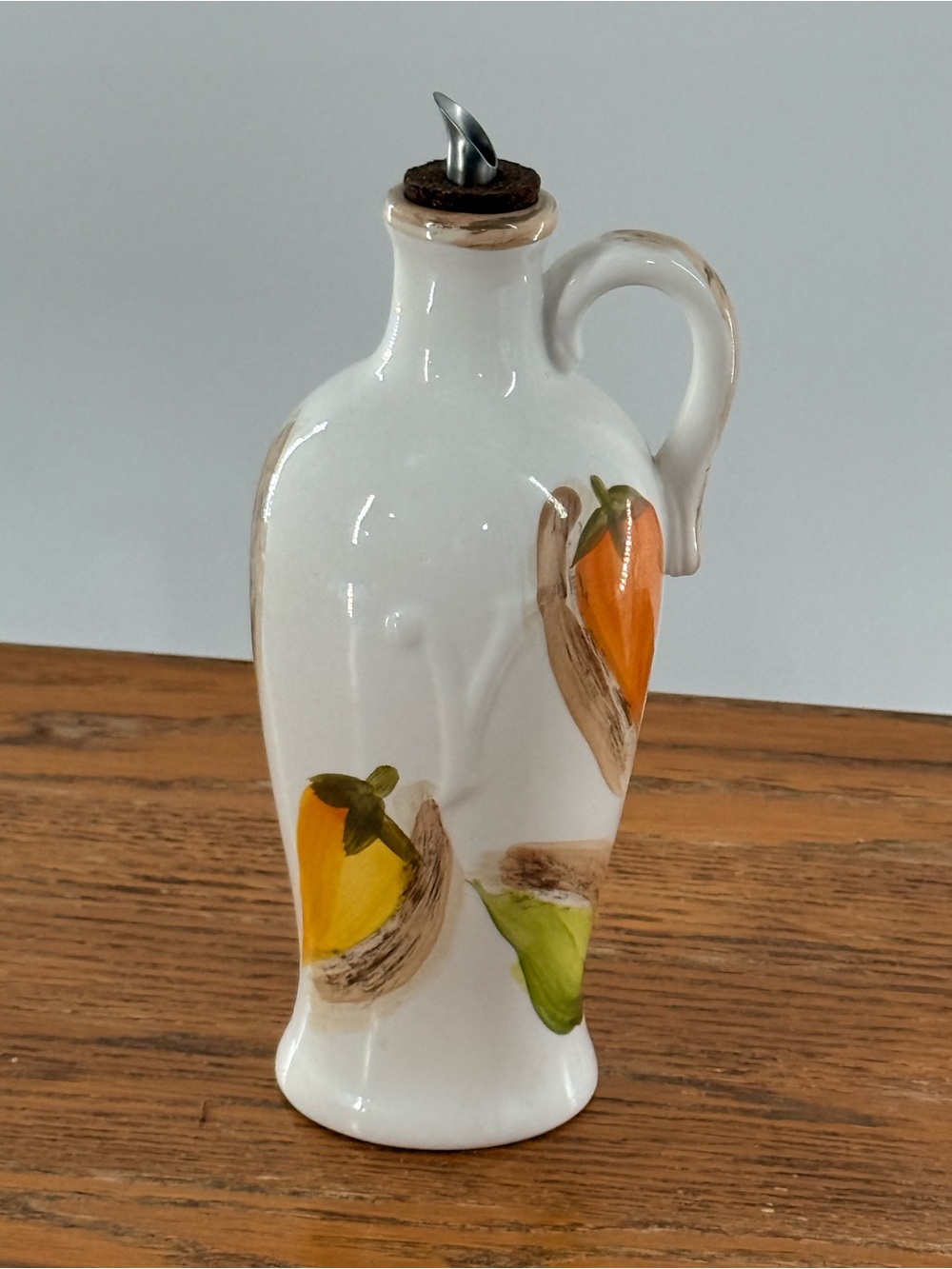 Ceramic Chili handpainted Olive Oil Cruet - White with Yellow, Orange, Green